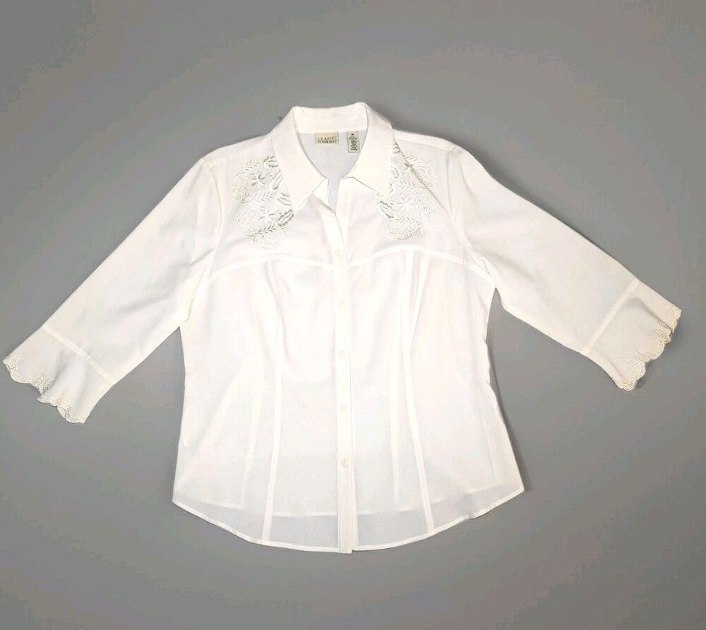 Classic Elements Women's Size 14 Ivory Embroidered Long Sleeve Blouse